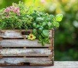 This old wooden crate has become a perfect support for my potted plants
